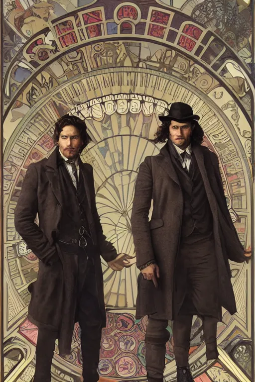 Image similar to a detailed matte portrait of jensen ackles and jared padalecki as sherlock holmes and watson, masterpiece, 8 k, art by alphonse mucha and greg rutkowski