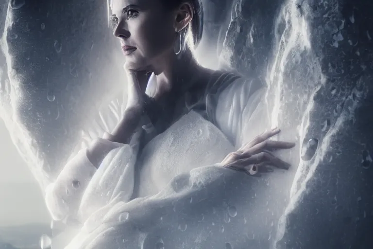 Image similar to a cinematic headshot portrait of a beautiful middle aged woman wearing futuristic white suit on the top of a mountain, overlooking a vast serene forest, large diffused light, neon light, 4 k, ultra realistic, dramatic lighting, rain, clouds, fog, vogue, fashion, glamour, magazine spread, by marco mazzoni and jessica rossier