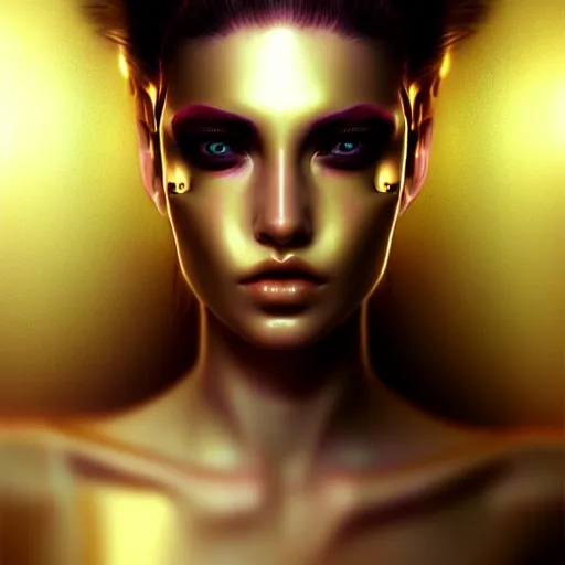 Image similar to face decor on beautiful woman face, gold, liquid, reflection, realistic, cyberpunk art by kuno veeber, cgsociety, computer art, ultra detailed, futuristic, anime aesthetic