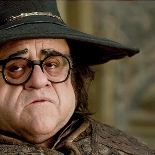 Image similar to movie still of danny devito starring as aragon in the 2 0 2 6 lord of the rings movie, with hat, full body