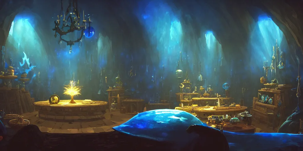 Prompt: interior of a dark wizards sanctum, blue light, cluttered with magical objects, spell books, potions, dramatic lighting, epic composition, wide angle, by miyazaki, nausicaa ghibli, breath of the wild