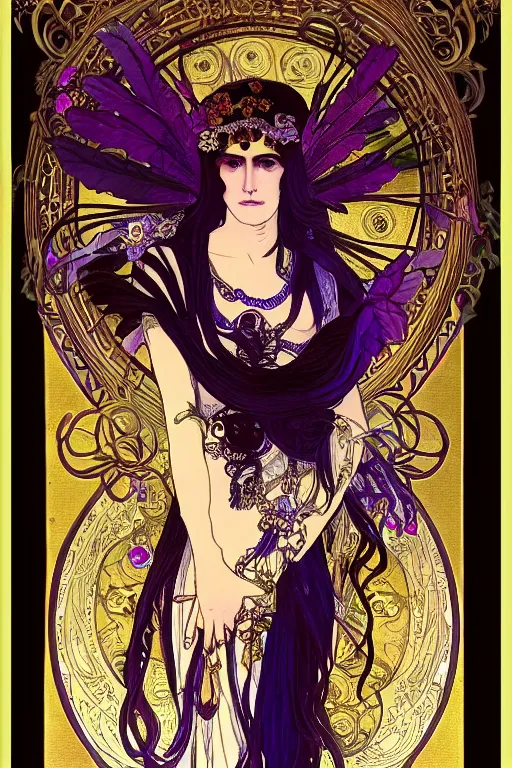 Image similar to thanatos, beautiful male god of death, closed eyes, long hair, wearing ornate silk and lace clothes, gold jewelry, moon, purple feathers, by Alphonse Mucha, rule of thirds, super detailed, 4k, sharp focus, illustration