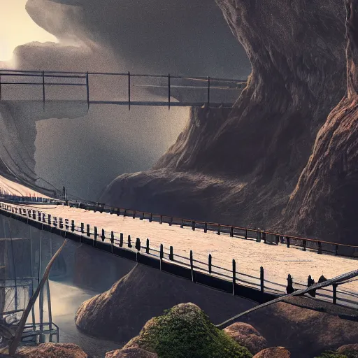 Prompt: a gigantic bridge over a pit filled with creatures, artistic render, ultrarealistic, 8 k.