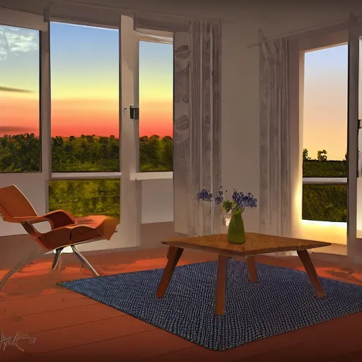 Image similar to living room at sunset, from an ants point of view, digital art