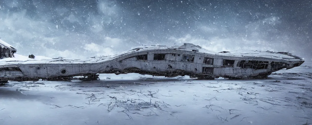 Image similar to abandoned starship in covered in snow, hyper detailed, ultra realistic