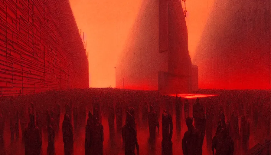 Image similar to only with red, soviet communism horror brutalist architecture apocalyptic, crowd cheering, in the style of beksinski and edward hopper and rodcenko and yue minjun and cory loftis, intricate and epic composition, red by caravaggio, highly detailed, masterpiece, red light, artstation, art nouveau