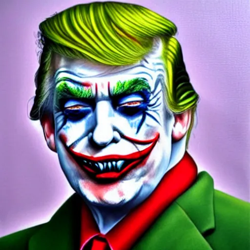 Image similar to donald trump with his face painted like the joker, oil painting, detailed, realistic,