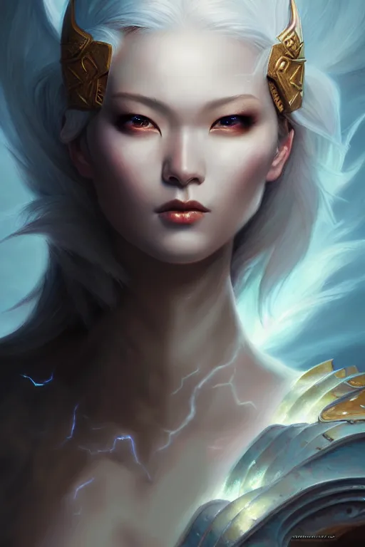 Image similar to oil painting, sakimi chan, white skin, fantasy armor, detailed face, tony sart, wind, lightning, dramatic lighting