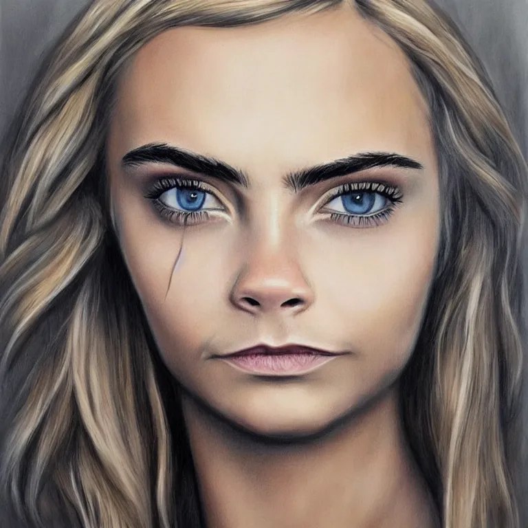 Image similar to Concept-art portrait of Cara Delevingne, photorealism, smiling face, clear eyes, pencil painting