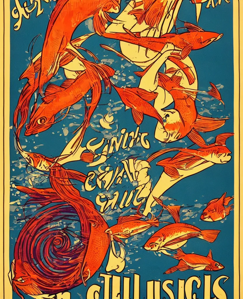 Prompt: vintage poster for the traveling fish circus, art nouveau, vibrant