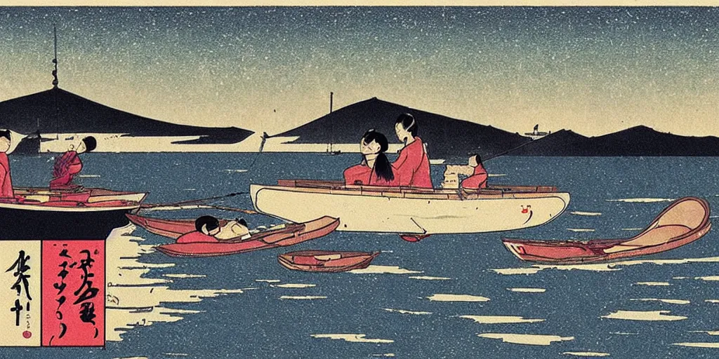 Prompt: 🌅 ⛵🌘 🌌. shin - hanga.