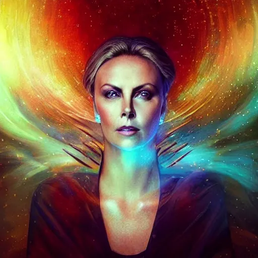 Image similar to “ seraphim deity charlize theron portrait, heavenly nebula space, atmospheric lighting, painted, intricate, volumetric lighting, beautiful, rich deep colours masterpiece, golden hour, sharp focus, ultra detailed, holographic art glowing soul emitting energy, by leesha hannigan, ross tran, thierry doizon, kai carpenter, ignacio fernandez rios ”