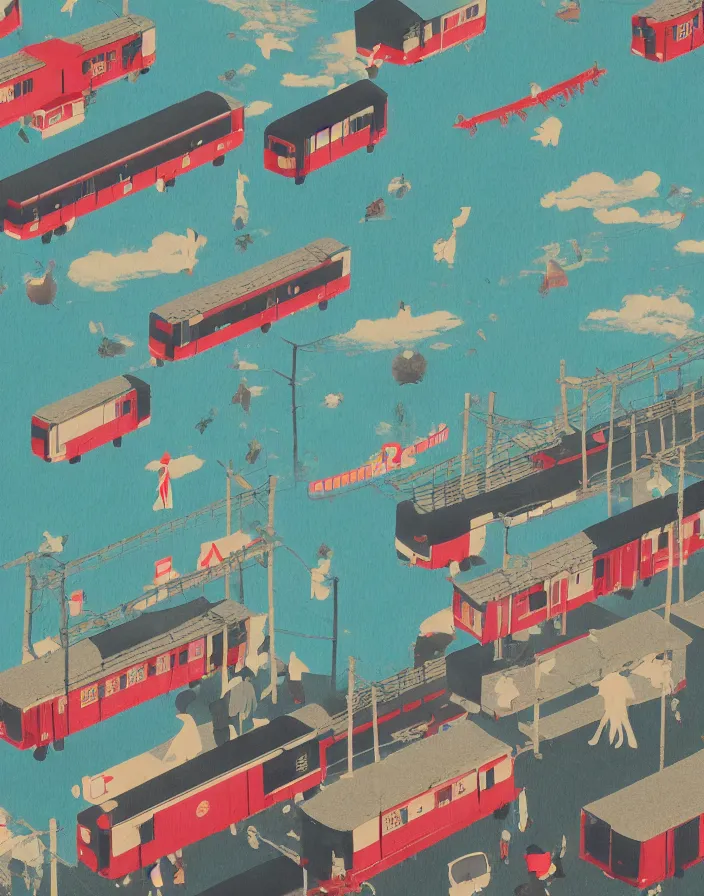 Prompt: seaside tail train rural japan, a collage painting, in the style of wes anderson, lola dupre, david hockney, isolated on negative white space background dark monochrome fluorescent spraypaint accents volumetric octane render, not double decker