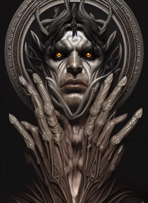 Image similar to symmetry!! portrait of grotesque hades, greek mythology, ancient greece, underworld, intricate, dark design, highly detailed, dark lighting, digital art, digital painting, artstation, sharp focus, illustration, art by artgerm and h r giger and greg rutkowski and alphonse mucha, 8 k