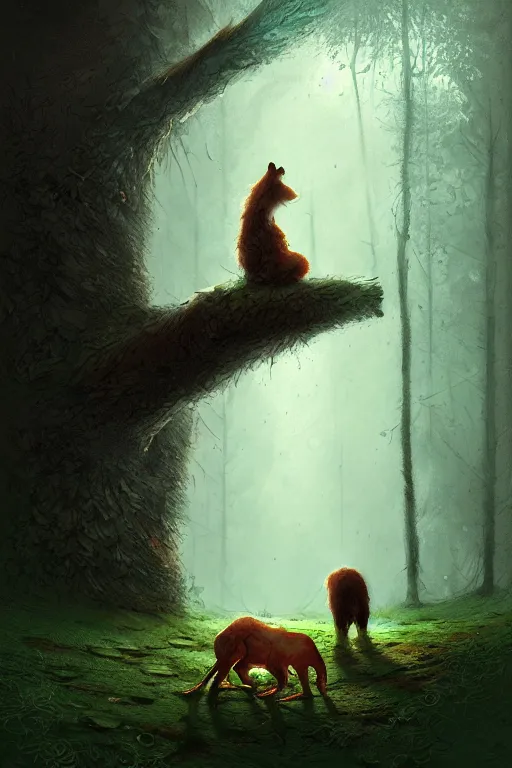 Image similar to a storybook style draw of the feeling of sadness when you see an animal die in the forest, by Marc Simonetti, intricate, elegant, fantasy, highly detailed, digital painting, concept art, sharp focus, artstation