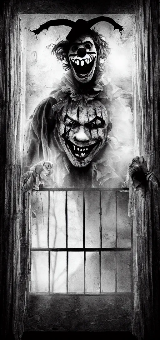 Prompt: apocalipse haunted house with a clown smiling at the window, black and white, darkness, 4 k