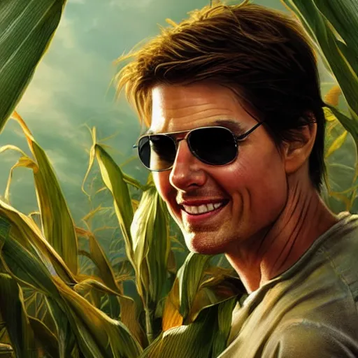 Image similar to Tom Cruise as a corn farmer, high resolution fantasy concept art, intricate details, soft lighting