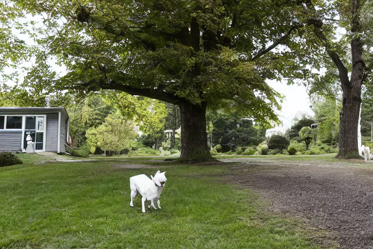 Image similar to the sour, dour, angry lady is walking her three tiny white dogs on leashes outside her green house. the old lady, glaring at the camera, exudes unpleasantness. the old lady shuffles around, looking down. she has gray hair. she is wearing a long gray cardigan and dark pants. large norway maple tree in foreground.