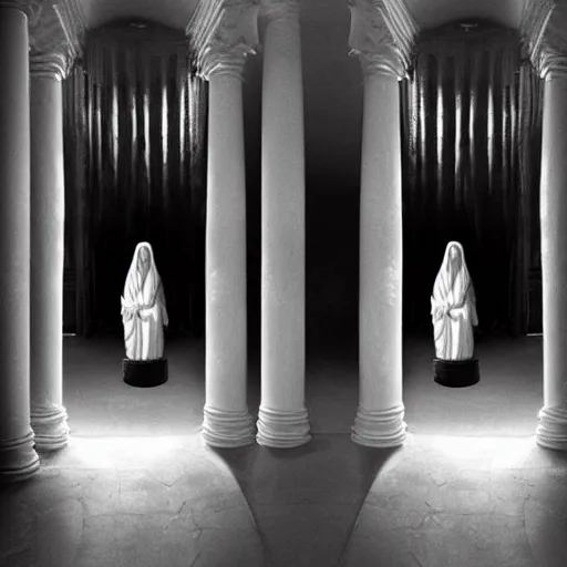 Image similar to nightmare vision, long depth of field. black and white, award winning photo of smiling levitating twin nuns, wearing translucent sheet, Mary in a sanctuary, mirror hallways, eerie, tall columns, frightening —width 1024 —height 1024