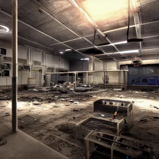 Prompt: a destroyed and burning research facility, black mesa, half - life, modern, lasers, pipes, scientists, photo realistic