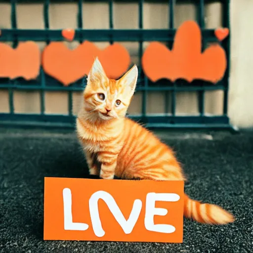 Image similar to cute fluffy orange tabby kitten with a sign that says