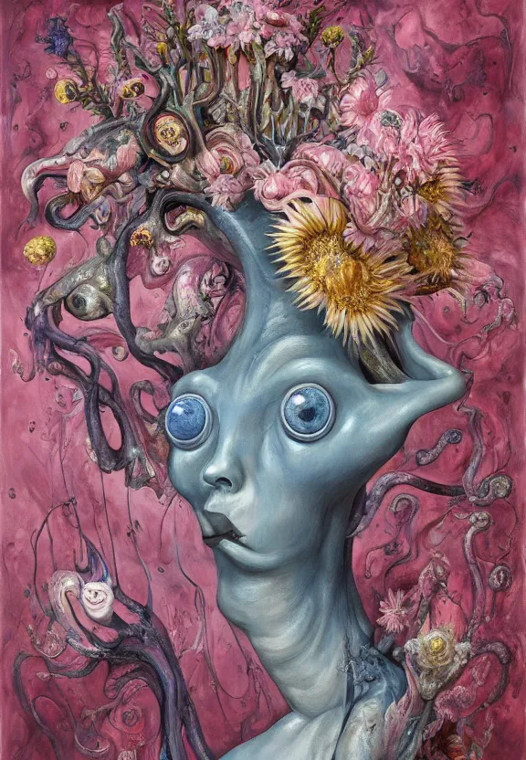 Image similar to a biomorphic painting of a vase with flowers and eyeballs in it, a surrealist painting by marco mazzoni, by dorothea tanning, pastel blues and pinks, lips, melting, plastic, featured on artstation, metaphysical painting, oil on canvas, fluid acrylic pour art, airbrush art, seapunk, rococo, lovecraftian