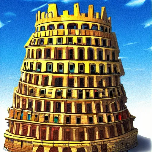 Image similar to a simplified, stylized version of the Tower of Babel, colorful