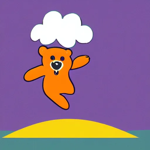 Image similar to cartoon bear wearing clothes being launched out of a futuristic machine into a purple and orange cloud land