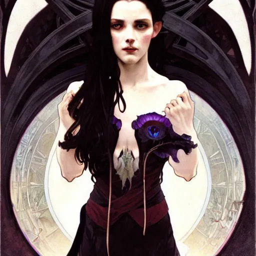 Image similar to Portrait of a pretty half-elf half-vampire young woman. Her hair is both black and white. Her eyes have red irises and vertical pupils. Art by Greg Rutkowski and Alphonse Mucha