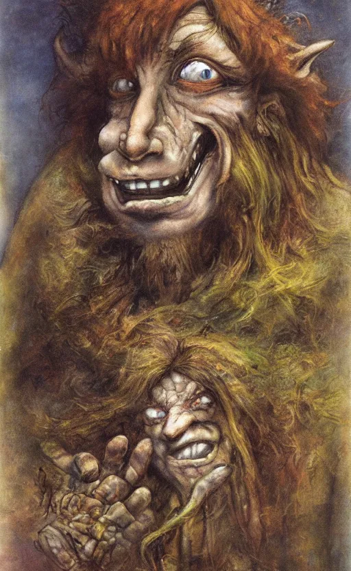 Prompt: mischievous troll man, by brian froud, stars, muted colors, oil on canvas, oil panting