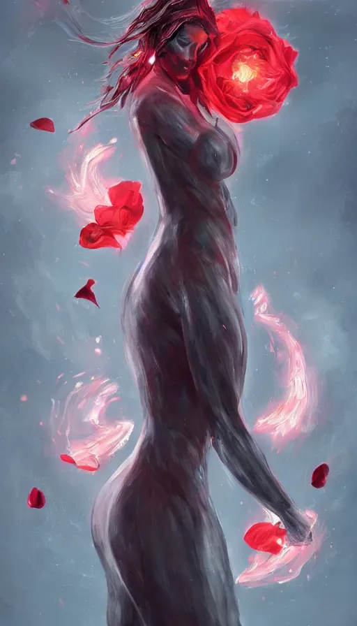 Image similar to 'Portrait of Beautiful faceless female elemental made of black fire, looking sideways, with no face, with red halo glowing out of her wrists, growing out of a giant rose, rose petals flying in the wind, fantasy, d&d, tragic, tense, digital painting, artstation, indieground, concept art, sharp focus, by Annie Swynnerton and Nicholas Roerich, madness combat, strong dramatic cinematic lighting , blood red sky, grey skin, smooth, sharp focus, extremely detailed, illustration, art by greg rutkowski, dave kendal, Godmachine, alphonse mucha''