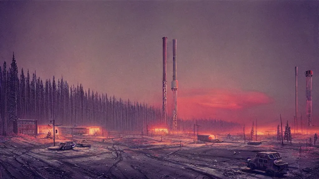 Prompt: Nuclear, Redwood Desolation; Location: Norilsk Russia; by Simon Stålenhag; retro natural-futurism;