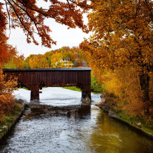 Prompt: a wooden cottage by the river with a bridge connecting to it, portrait, highly detailed, autumn, falling leaves, cozy, 8 k,