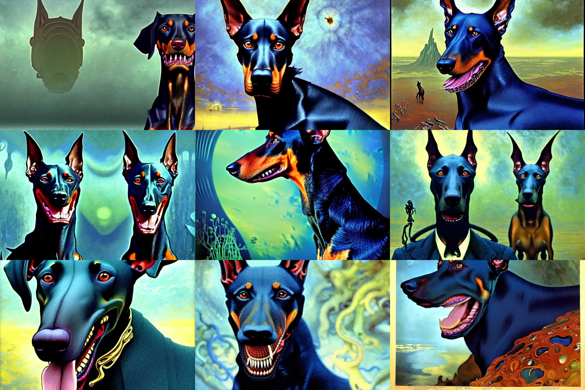 Prompt: realistic detailed portrait movie shot of a snarling doberman wearing a dark blazer, sci fi landscape background by denis villeneuve, amano, yves tanguy, alphonse mucha, ernst haeckel, max ernst, roger dean, masterpiece, rich cold moody colours, dog teeth, blue eyes