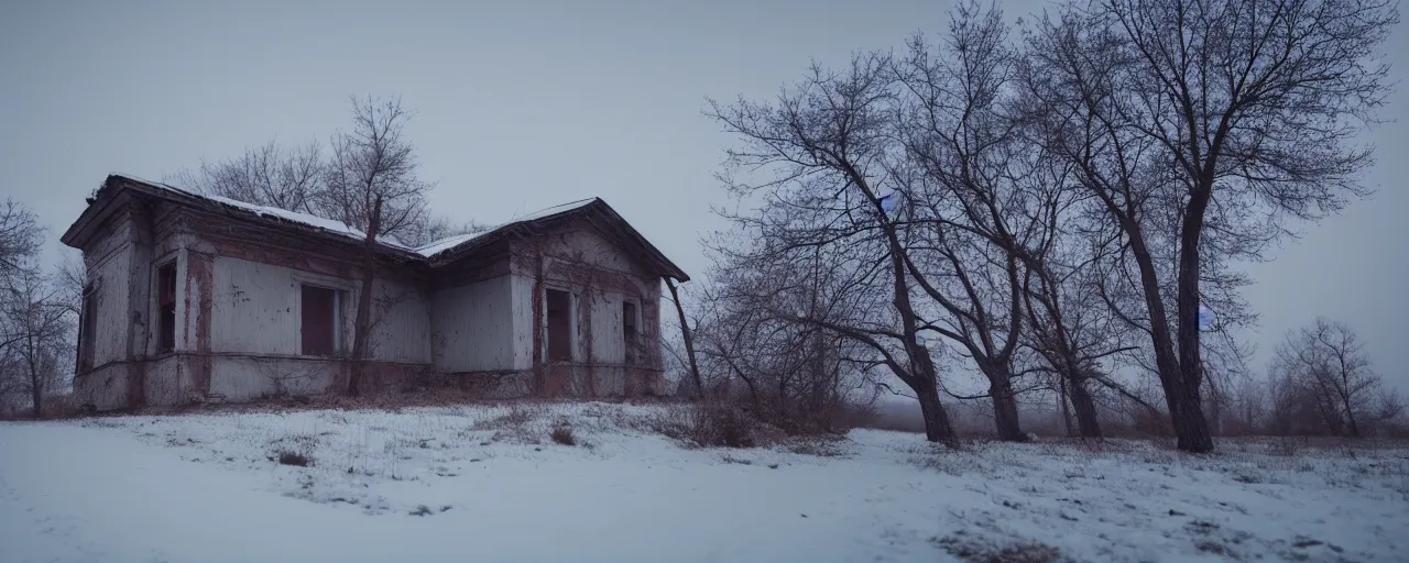 Prompt: landscape, soviet farmhouse, abandoned, lifeless, winter, atmospheric, mystical, very detailed 4 k