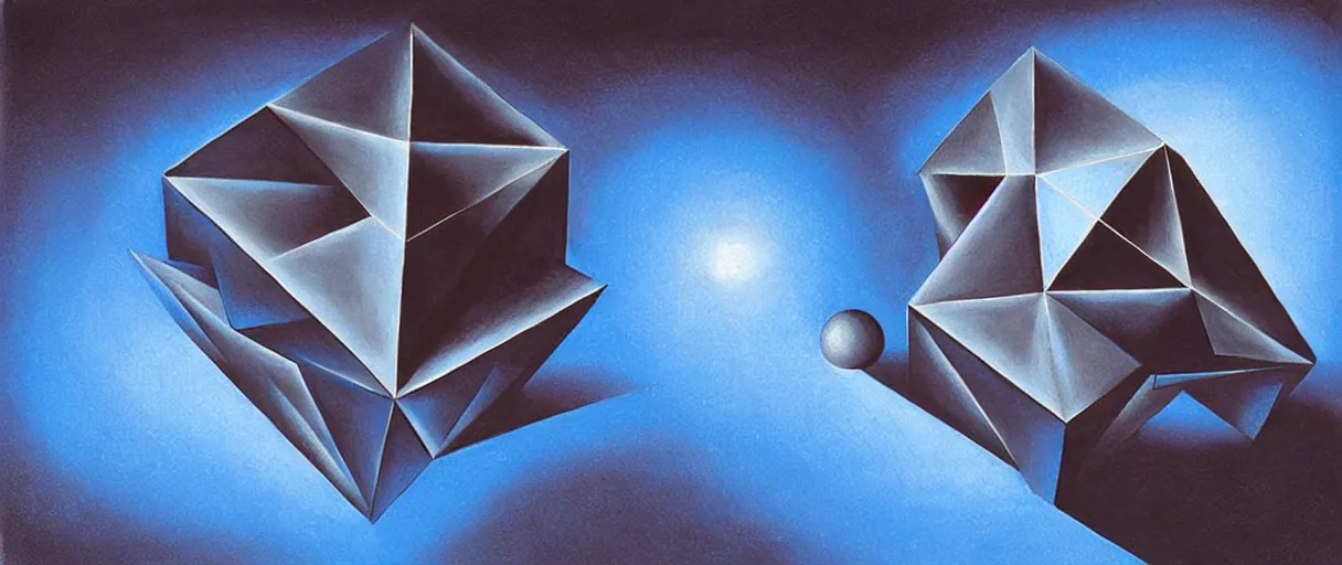 Image similar to hyperrealistic highly detailed Kepler's Platonic solid model impossible object in motion escher dali matte painting dramatic blue lighting wide angle hd 8k sharp shallow depth of field