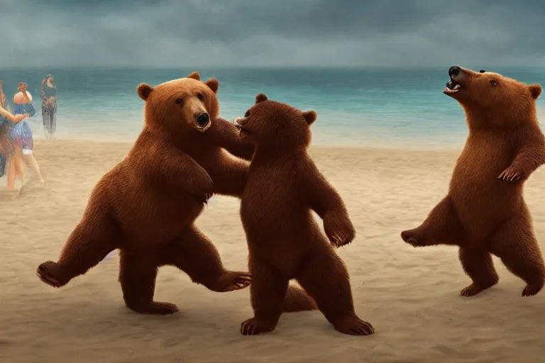 Image similar to Bears dancing at a party at the beach, cinematic, atmospheric, 8k resolution, ArtStation, Hyperrealistic