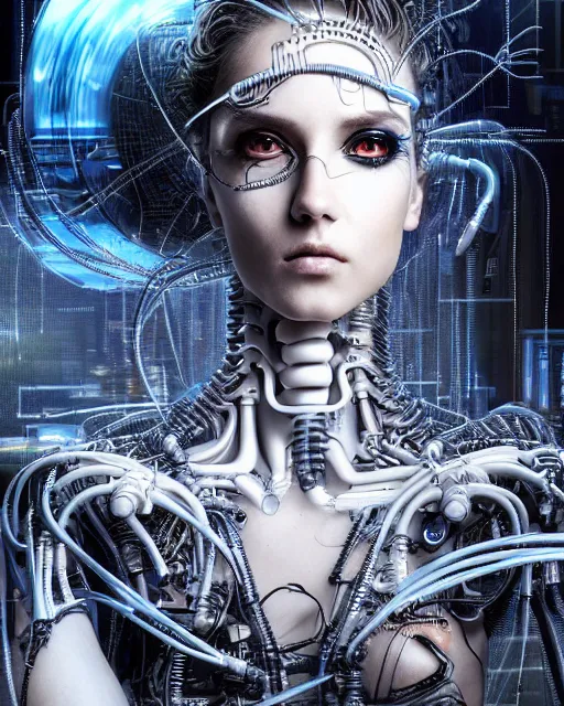 Image similar to portrait photo of an aesthetic biomechanical cyborg plugged into a quantum computer with cables and wires and optic fibers. cyberpunk horror style. art by luis royo. highly detailed 8 k. intricate. nikon d 8 5 0 5 5 mm. award winning photography.