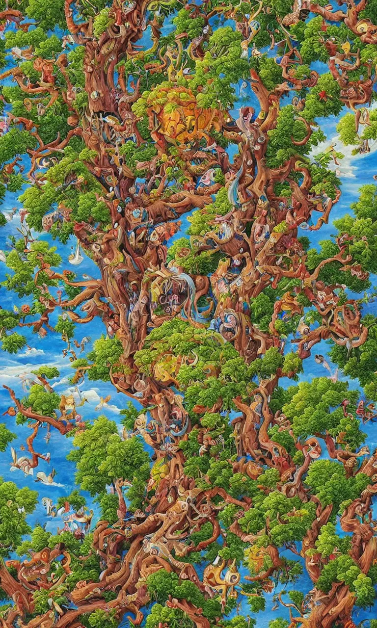 Image similar to an incredibly detailed masterpiece painting of a giant tree by bosch and lisa frank, ornate, beautiful, bold colors, detailed, high resolution, wow!, intricate