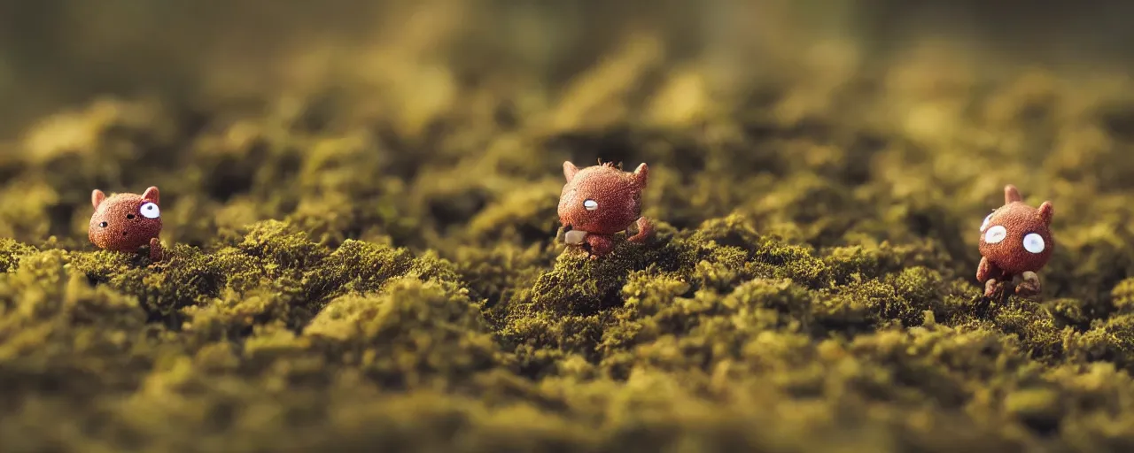 Prompt: tiny cute forest creatures seeking shelter by bobby chiu, at sunset, macro photography, goro fujita, cute, adorable, cinematic