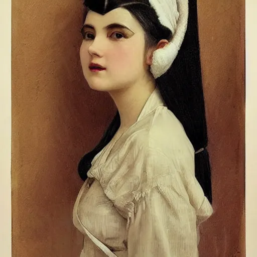 Image similar to maid!!! cosplay, symmetric beautiful face, orientalism portrait of a cute young woman with twin tails by Edwin Longsden Long and Theodore Ralli and Nasreddine Dinet and Adam Styk masterful intricate artwork