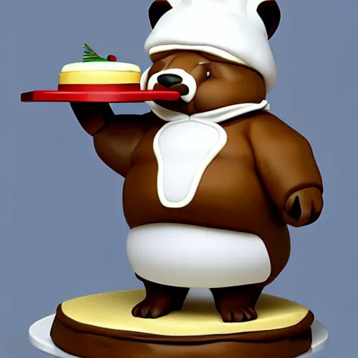 Image similar to pvc figurine of a fat badger wearing a chef's hat and apron and holding a cake, furry art, badger, artstation, figurine