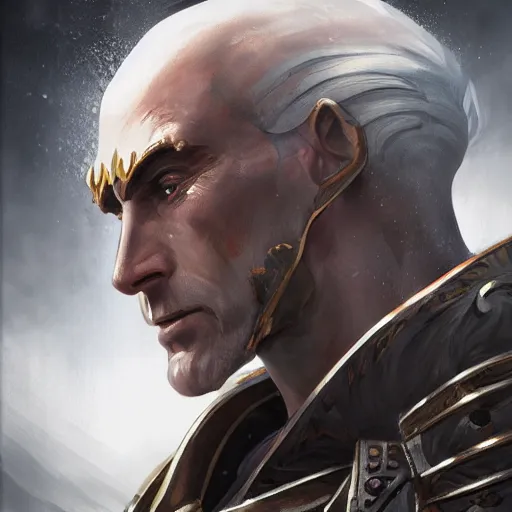 Image similar to close up portrait of emperor karl franz in renaissance armor, by cedric peyravernay and feng zhu, highly detailed, excellent composition, cinematic concept art, dramatic lighting, trending on artstation