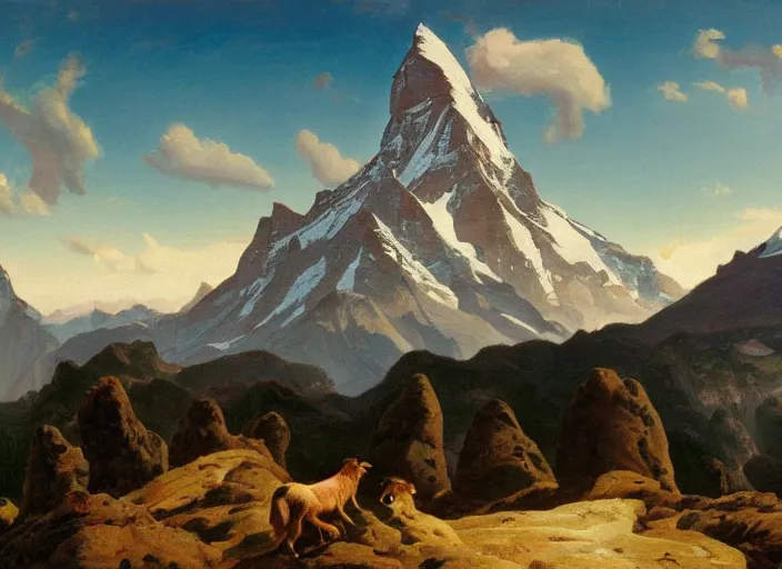 Image similar to alpine ibexes climbing in the alps with the matterhorn in the background in the style of hudson river school of art, oil on canvas