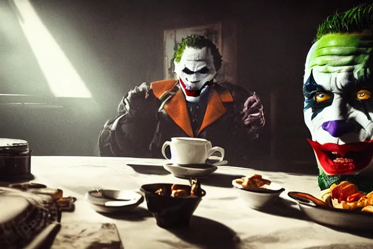 Image similar to morning light, highly detailed portrait of Batman eating breakfast, the head of the joker is placed on the table, atmospheric lighting, masterpiece, award winning painting by Emmanuel Lubezki