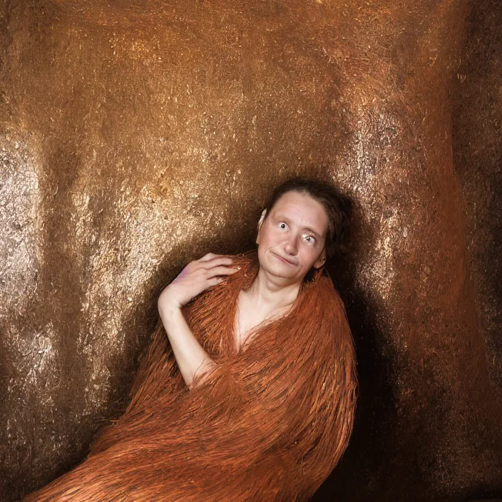 Prompt: closeup portrait of a woman wrapped in copper fiber, sitting in a chair, in waitomo caves new zealand, color photograph, by vincent desiderio, canon eos c 3 0 0, ƒ 1. 8, 3 5 mm, 8 k, medium - format print