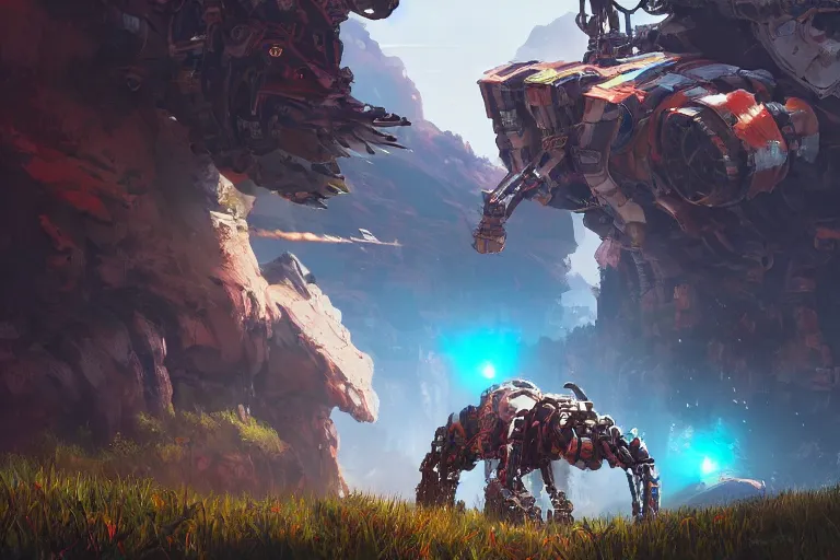 Image similar to burrower machine mecanical creature robot of horizon forbidden west horizon zero dawn radiating a glowing aura global illumination ray tracing hdr fanart arstation by ian pesty and alena aenami artworks in 4 k