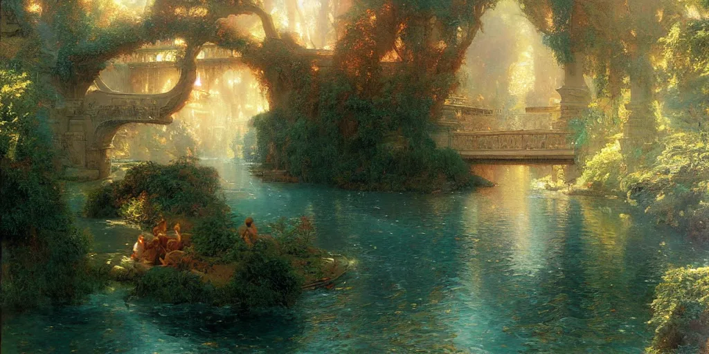 Prompt: River portal by Marc Simonetti and Delphin Enjolras and Pierre Auguste Cot