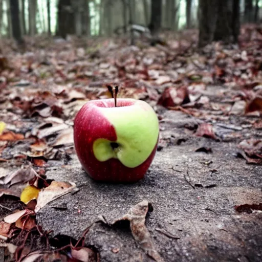 Image similar to apple sitting on the ground in a haunted forest