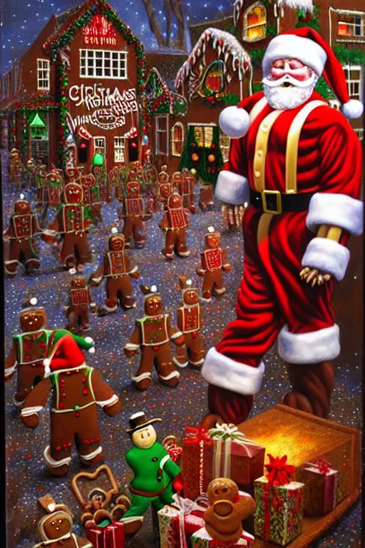 Image similar to a hyperrealistic painting of a 3 d christmas nightmare with giant mechanical evil gingerbread man, march of the wooden soldiers, santa's workshop, cinematic horror by chris cunningham, lisa frank, richard corben, highly detailed, vivid color,